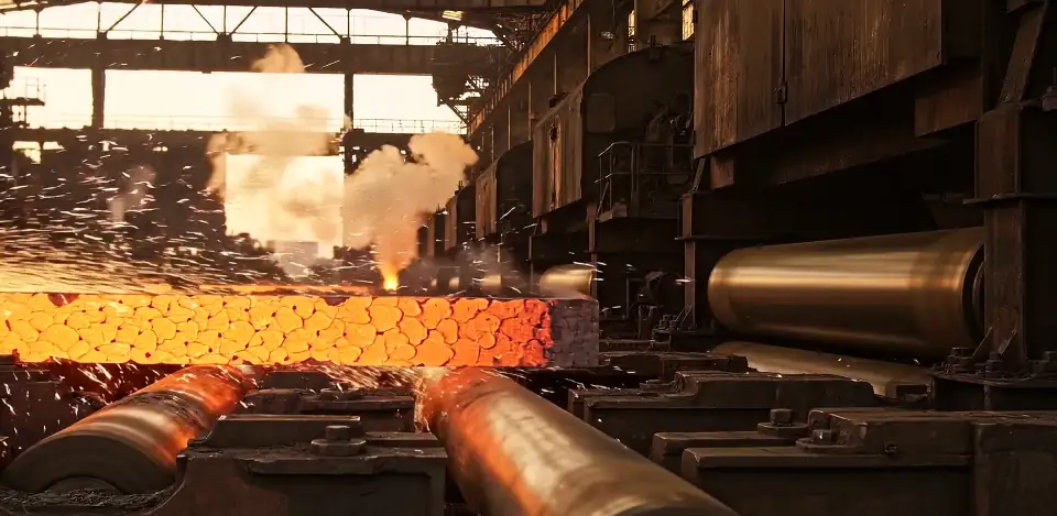 Glowing hot steel on rollers in a dark steel plant, with steam.