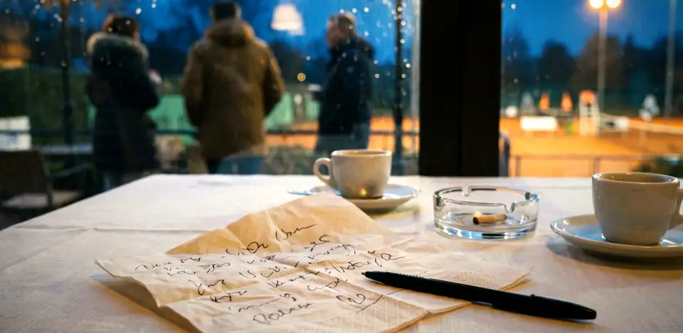 A handwritten paper napkin, pen and coffee cups on a restaurant table, by a window at dusk.