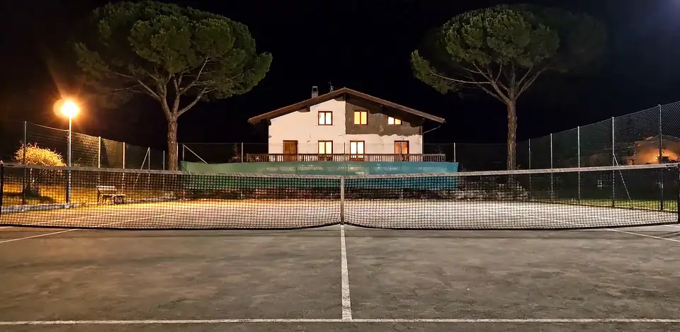 An empty tennis court at night, with a house and two umbrella pines behind it.