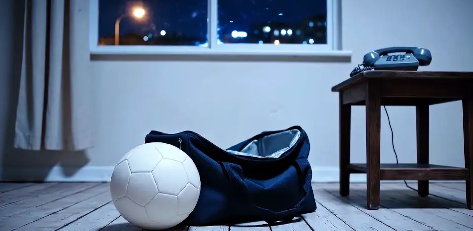 A white football and a navy sports bag on bare boards in a pale room at night, an old telephone on a side table.
