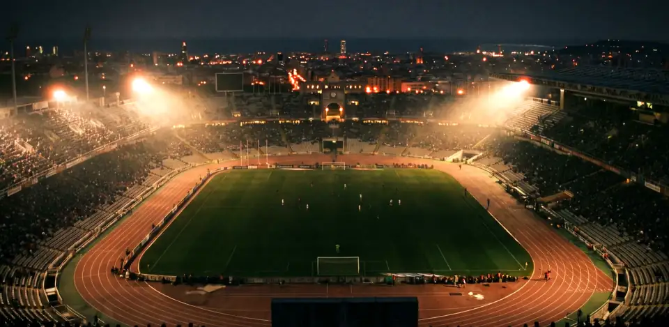 An athletics stadium at night from high above, floodlights in haze and a city behind.