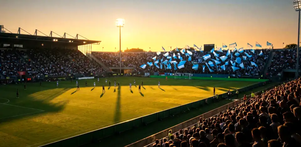 A packed stadium at dusk, with long shadows on the pitch and pale blue and white flags in the far stand.