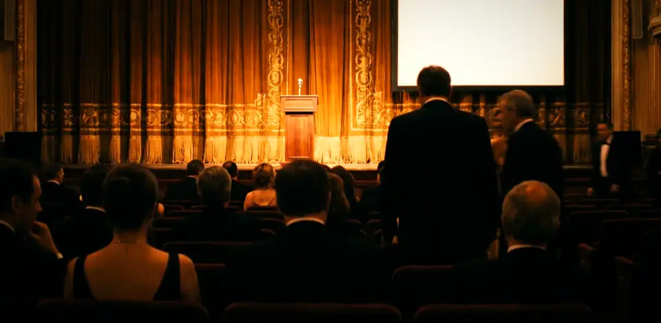 Figures in evening dress, seen from behind, in a dark theatre with gold curtains and an empty lectern.