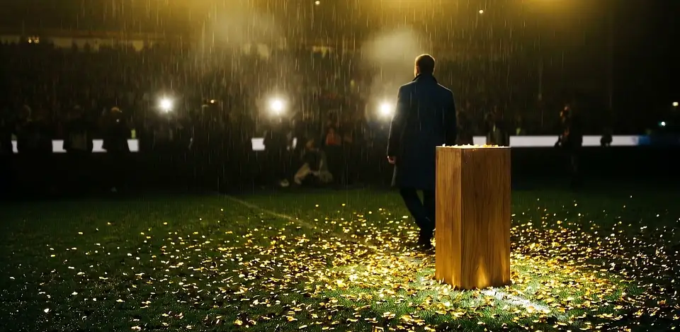 A man in a long coat walking past a wooden plinth on a dark pitch strewn with gold paper, in rain.