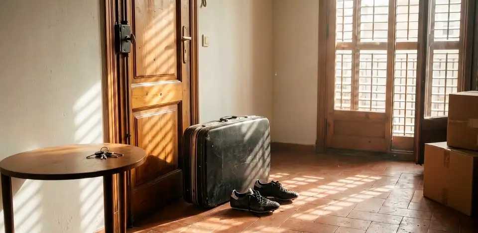 A worn suitcase, boots and packing boxes in a room with slatted sun on the floor.
