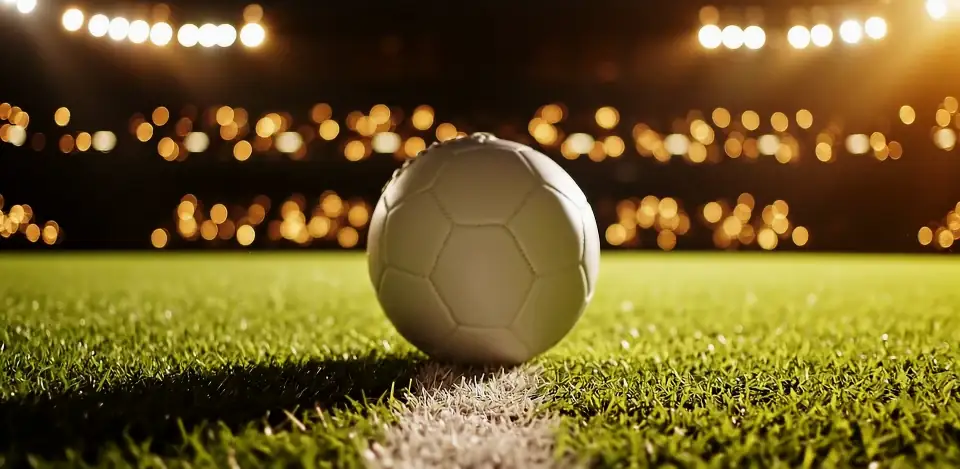 A plain white football on a touchline, stadium lights melting into gold bokeh behind it.