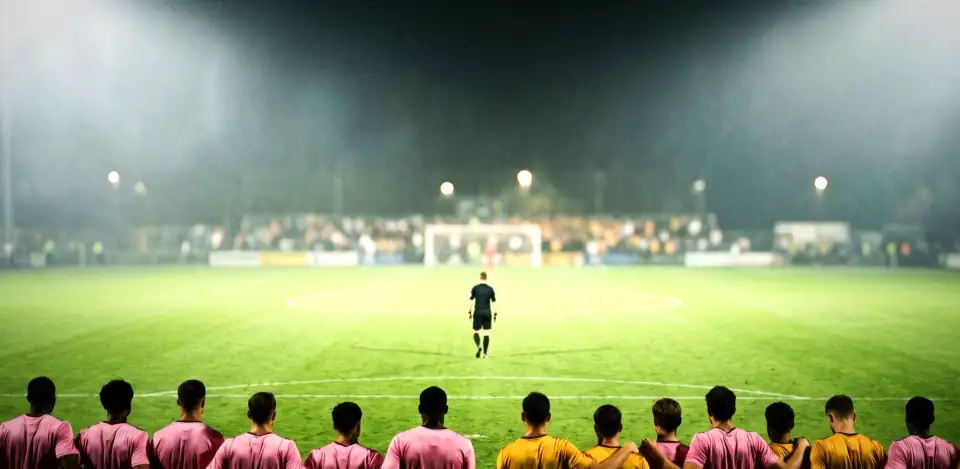 Players in pink and gold, seen from behind, arms linked at the halfway line, watching a lone figure walk towards a goal in fog.
