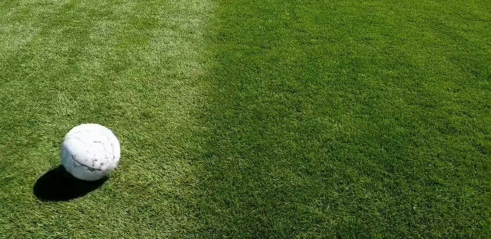 A white ball rolling left to right across mown grass, camera following.