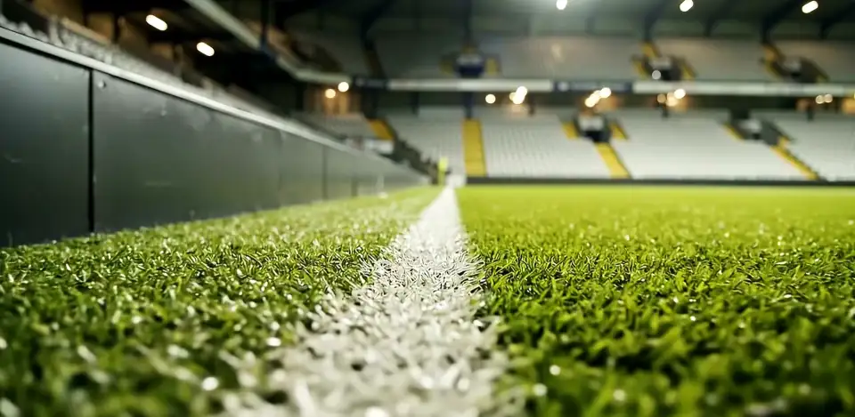 Low tracking move along a white touchline in an empty stadium.
