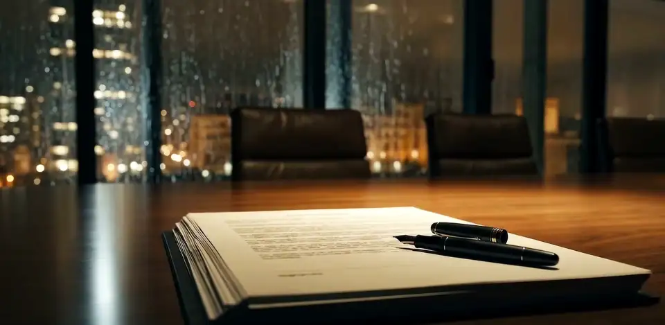 Reflected light moving over a contract and pens on a dark table, rain-streaked city window behind.