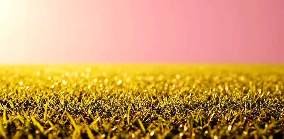Gold and silver paper strips falling onto grass against a pink sky.