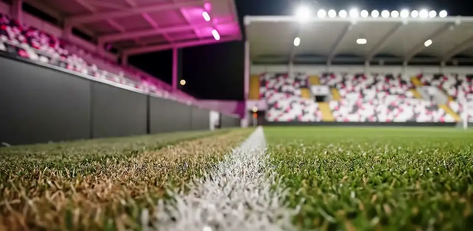 Low tracking move along a touchline in an empty stadium with pink lit seating.