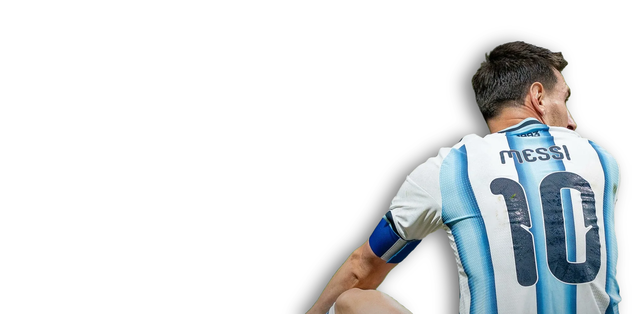 Lionel Messi seated on the grass, seen from behind and turning his head, in Argentina's number 10 shirt.